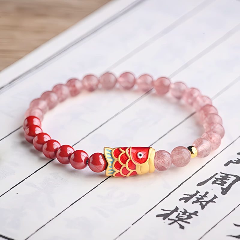 天然ストロベリークォーツ・辰砂の鯉のブレスレット Natural Strawberry Quartz Cinnabar Koi Fish Bracelet