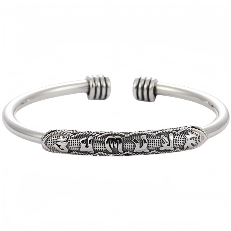 Gelang Pereda Damai Om Mani Padme Hum dalam Tembaga Putih Om Mani Padme Hum Peace Cuff Bracelet in White Copper