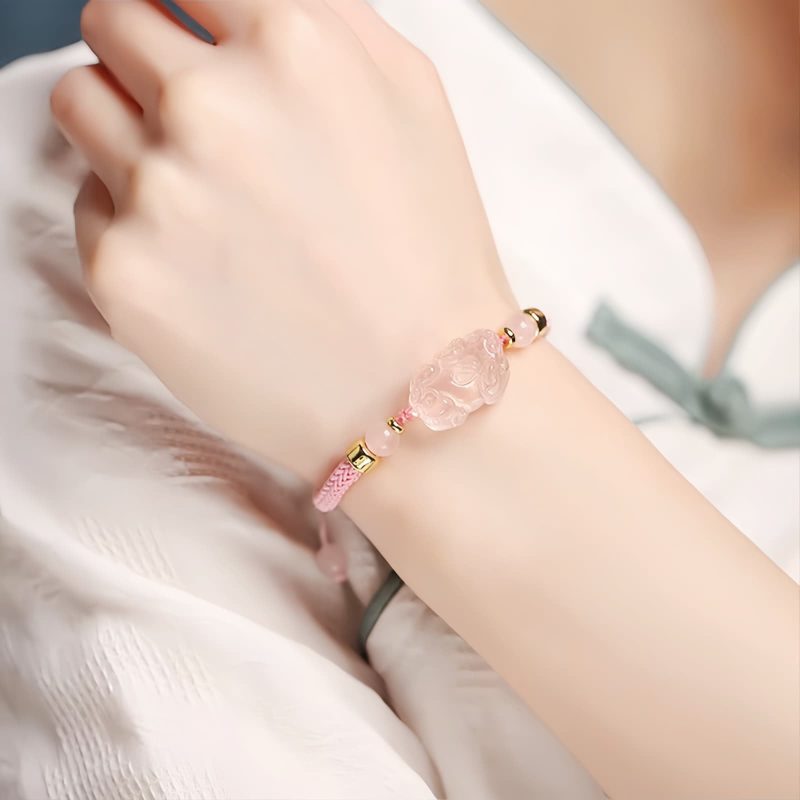 Pulseira de Cristal Rosa Pixiu para Proteção de Riqueza Pink Crystal Pixiu Wealth Protection Bracelet