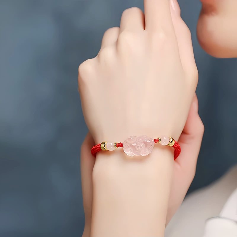 Pulseira de Cristal Rosa Pixiu para Proteção de Riqueza Pink Crystal Pixiu Wealth Protection Bracelet