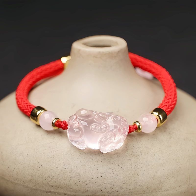 Pulseira de Cristal Rosa Pixiu para Proteção de Riqueza Pink Crystal Pixiu Wealth Protection Bracelet