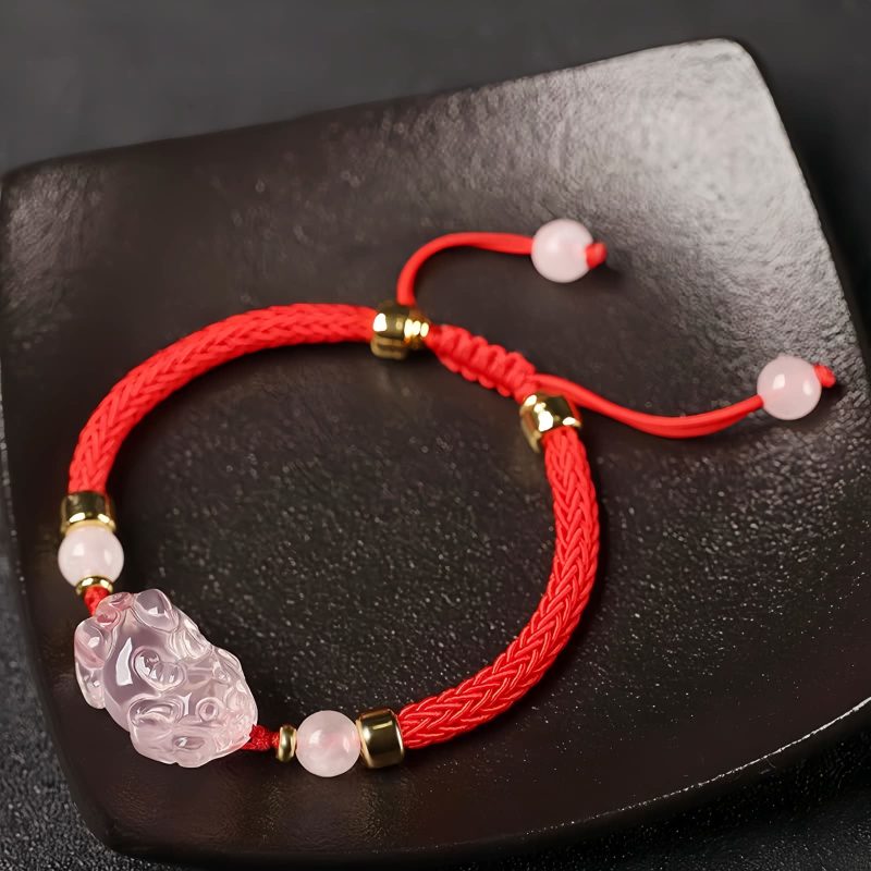 Pulseira de Cristal Rosa Pixiu para Proteção de Riqueza Pink Crystal Pixiu Wealth Protection Bracelet