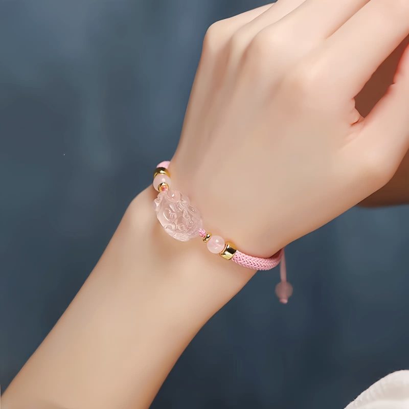 Pulseira de Cristal Rosa Pixiu para Proteção de Riqueza Pink Crystal Pixiu Wealth Protection Bracelet