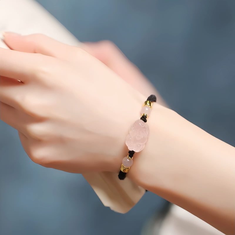 Pulseira de Cristal Rosa Pixiu para Proteção de Riqueza Pink Crystal Pixiu Wealth Protection Bracelet