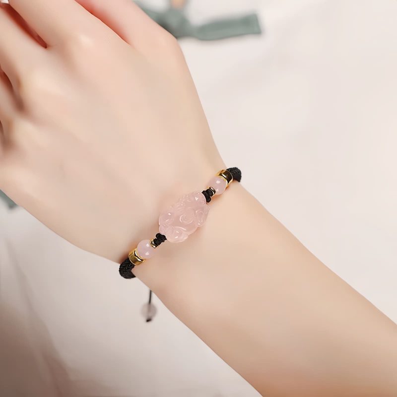 Pulseira de Cristal Rosa Pixiu para Proteção de Riqueza Pink Crystal Pixiu Wealth Protection Bracelet