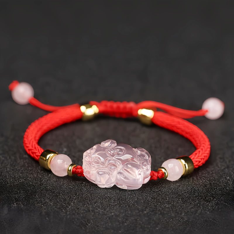 Pulseira de Cristal Rosa Pixiu para Proteção de Riqueza Pink Crystal Pixiu Wealth Protection Bracelet