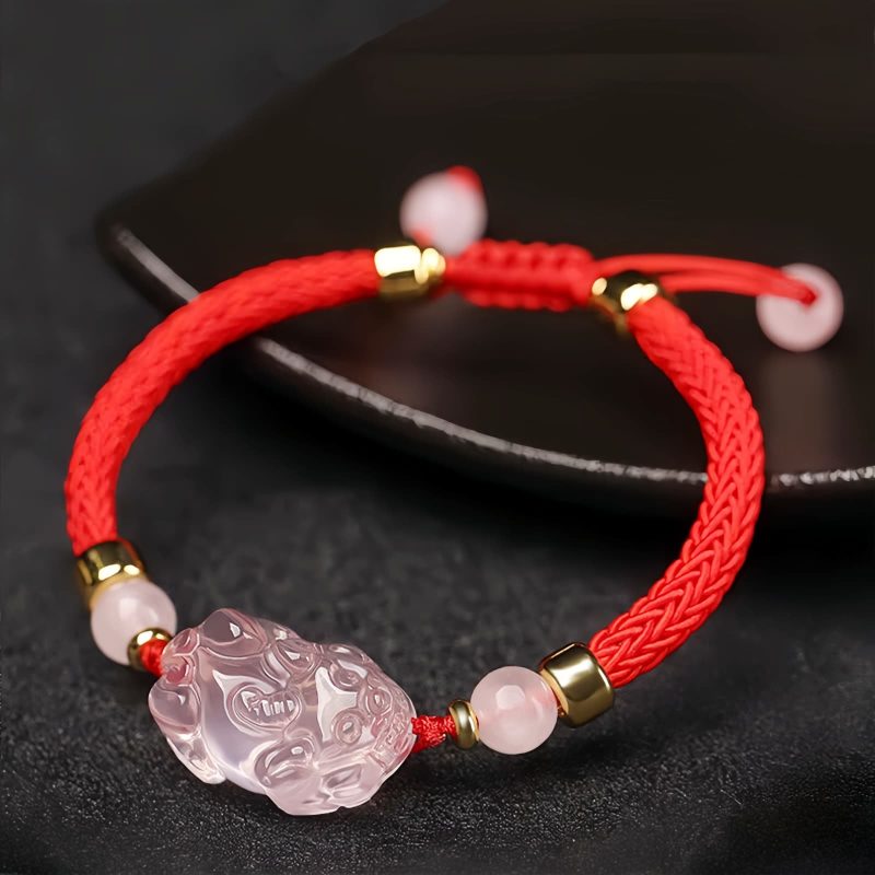 Pulseira de Cristal Rosa Pixiu para Proteção de Riqueza Pink Crystal Pixiu Wealth Protection Bracelet