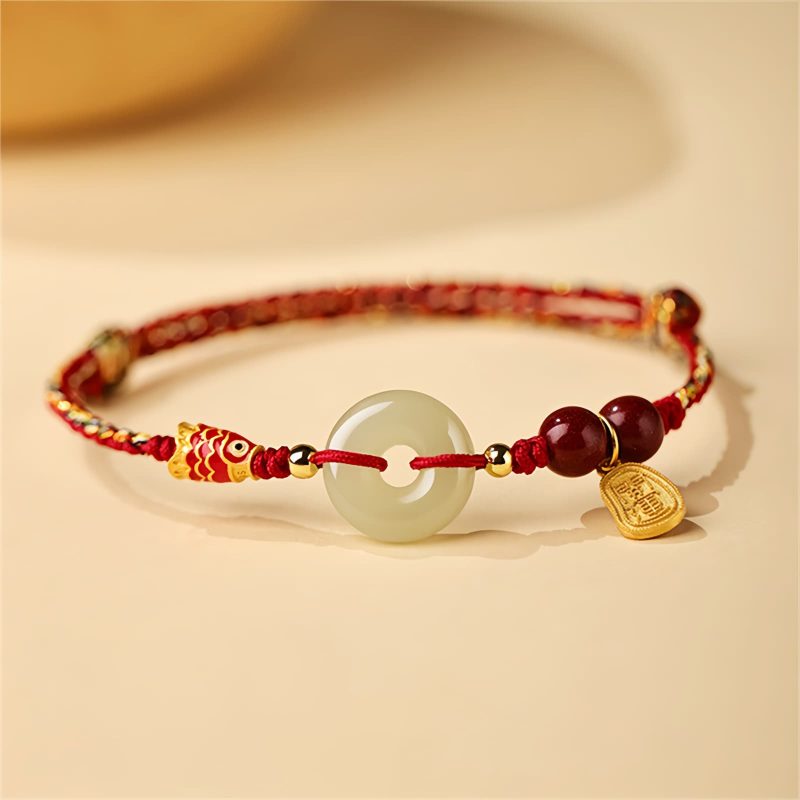 Pulseira de Prata Esterlina com Jade Koi e Sorte Sterling Silver Koi Fish Jade Luck Bracelet