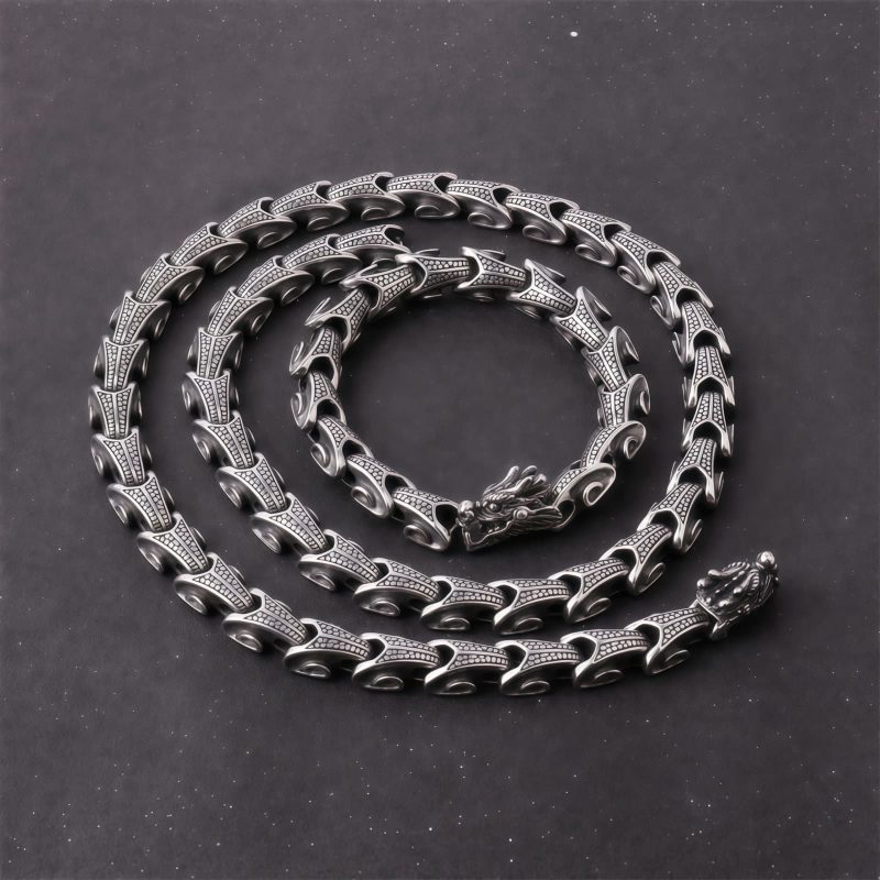 Collar y Pulsera de Acero de Titanio con Diseño de Dragón Tibetano Tibetan Dragon Pattern Titanium Steel Necklace & Bracelet
