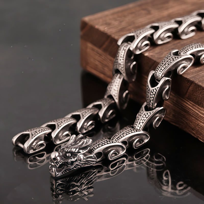 Collar y Pulsera de Acero de Titanio con Diseño de Dragón Tibetano Tibetan Dragon Pattern Titanium Steel Necklace & Bracelet