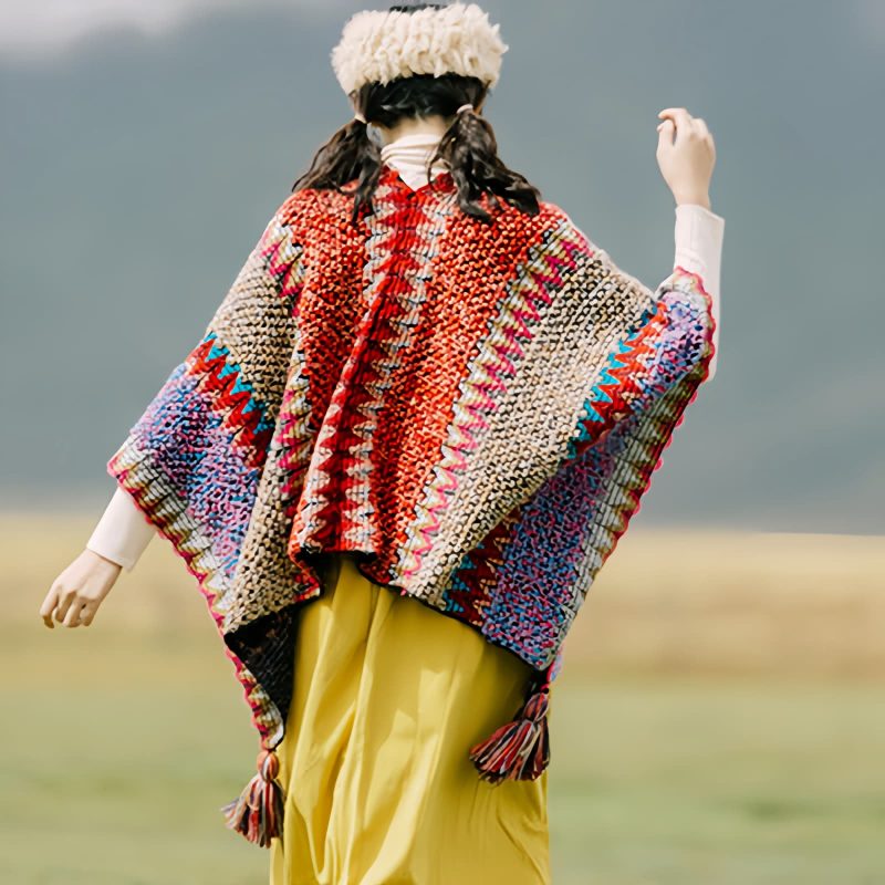 Xale Tibetano de Malha com Franjas Tibetan Knitted Tassel Shawl
