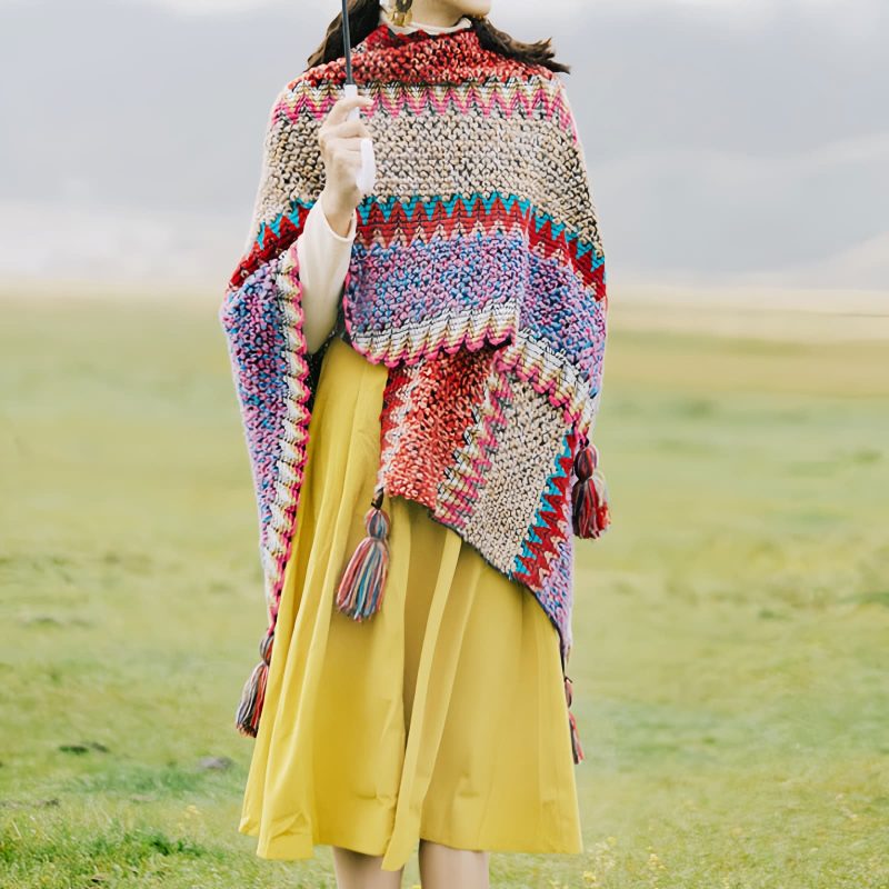 Xale Tibetano de Malha com Franjas Tibetan Knitted Tassel Shawl