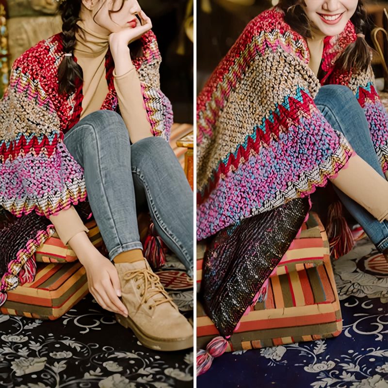 Xale Tibetano de Malha com Franjas Tibetan Knitted Tassel Shawl