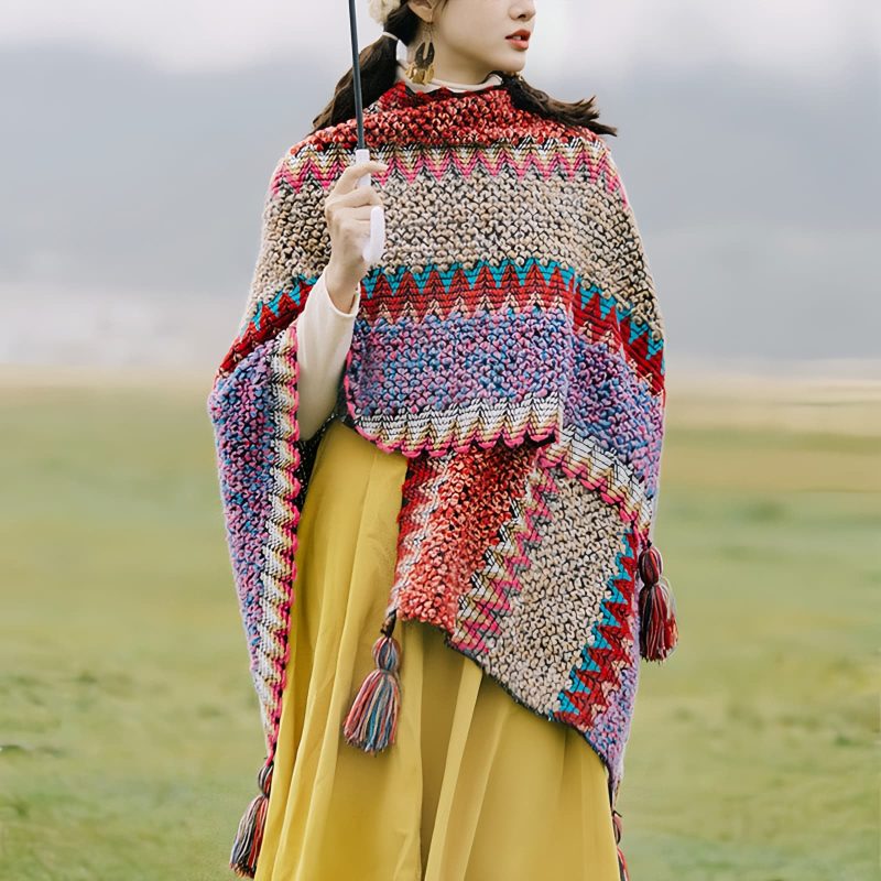 Xale Tibetano de Malha com Franjas Tibetan Knitted Tassel Shawl