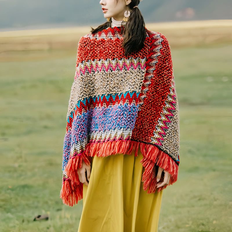 Xale Tibetano de Malha com Franjas Tibetan Knitted Tassel Shawl