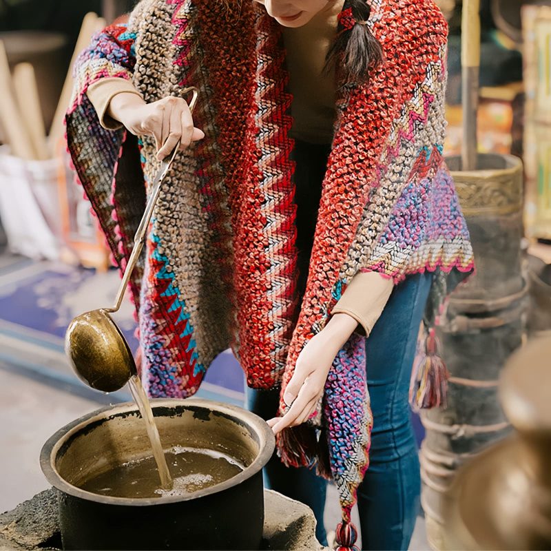 Xale Tibetano de Malha com Franjas Tibetan Knitted Tassel Shawl
