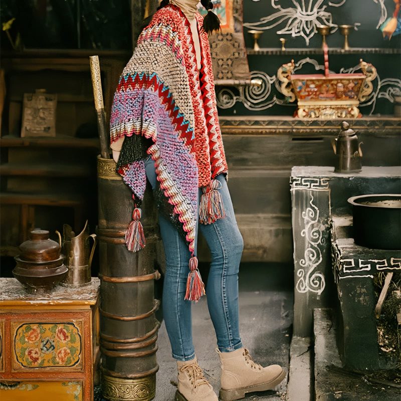 Xale Tibetano de Malha com Franjas Tibetan Knitted Tassel Shawl