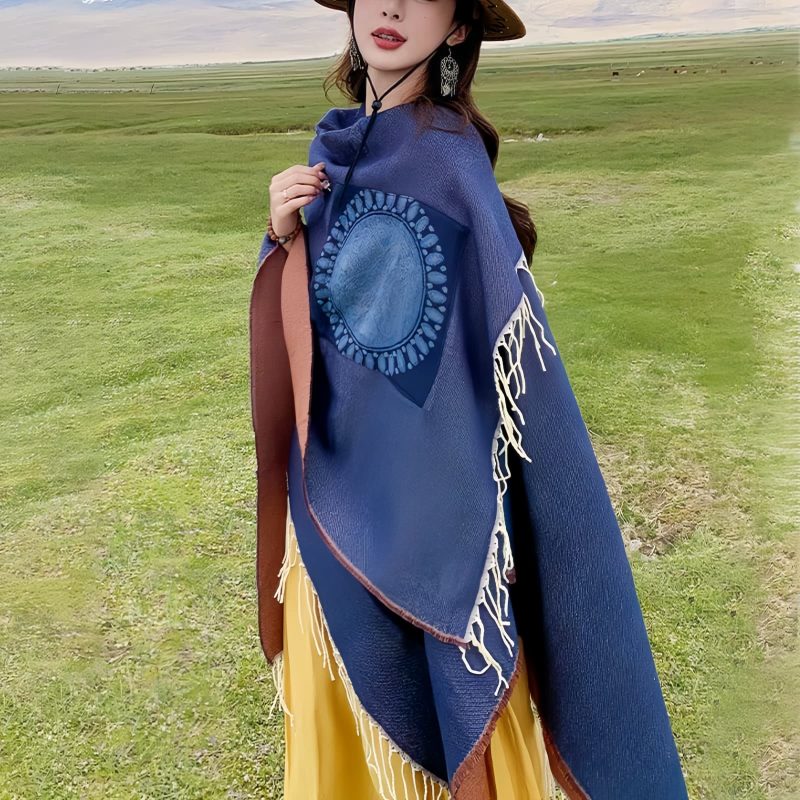 ポケット付きチベット幾何学模様マント Tibetan Geometric Mandala Shawl with Pockets