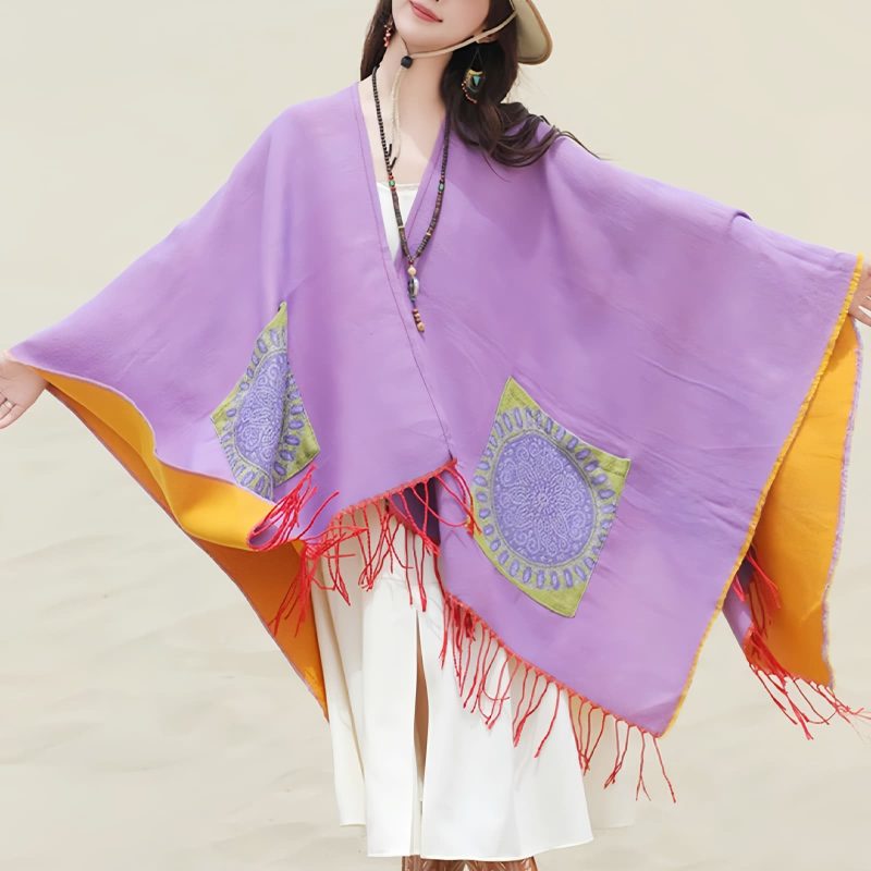 ポケット付きチベット幾何学模様マント Tibetan Geometric Mandala Shawl with Pockets