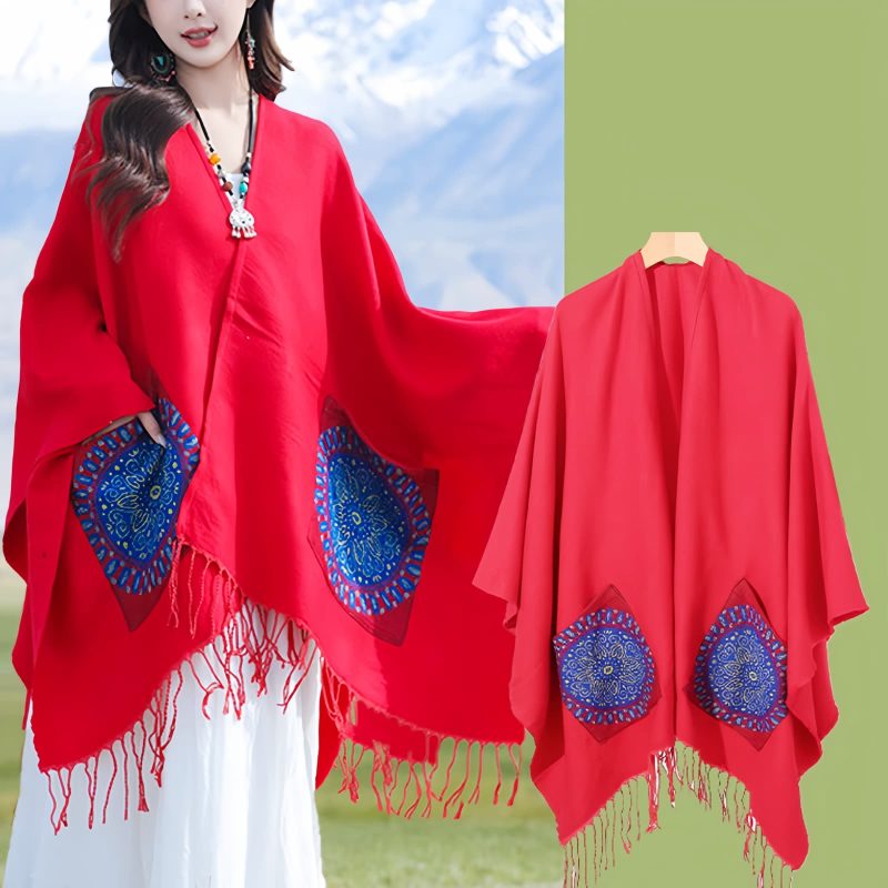 ポケット付きチベット幾何学模様マント Tibetan Geometric Mandala Shawl with Pockets