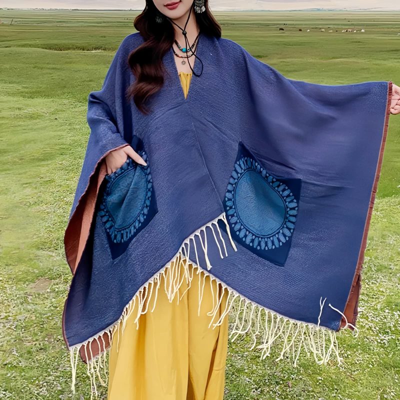 ポケット付きチベット幾何学模様マント Tibetan Geometric Mandala Shawl with Pockets