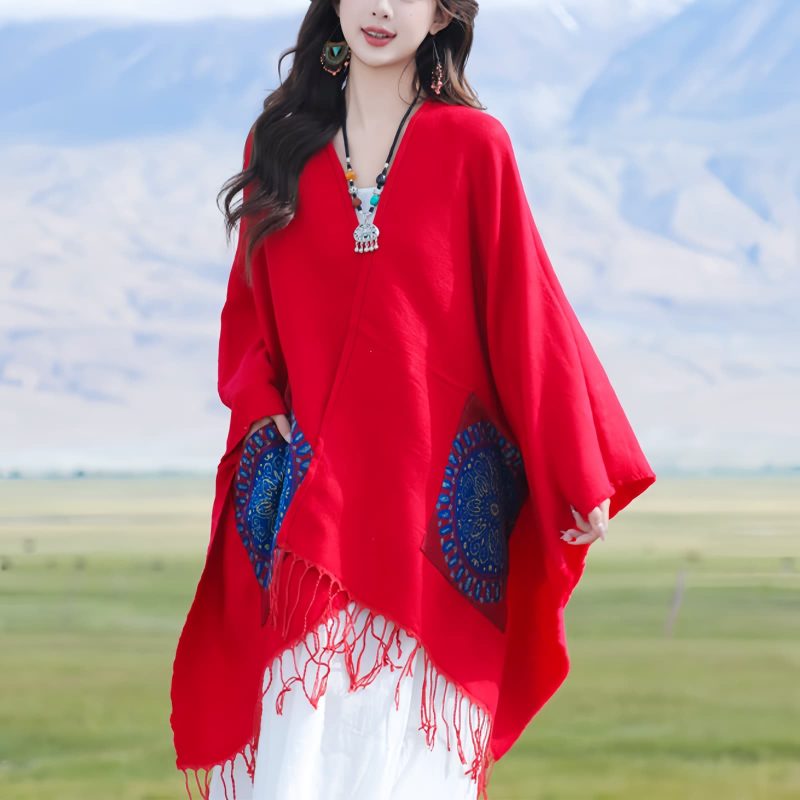 ポケット付きチベット幾何学模様マント Tibetan Geometric Mandala Shawl with Pockets
