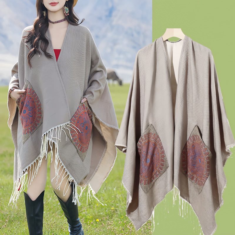 ポケット付きチベット幾何学模様マント Tibetan Geometric Mandala Shawl with Pockets