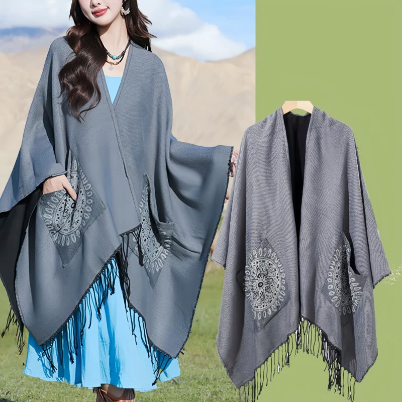 ポケット付きチベット幾何学模様マント Tibetan Geometric Mandala Shawl with Pockets