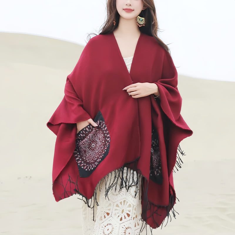 ポケット付きチベット幾何学模様マント Tibetan Geometric Mandala Shawl with Pockets