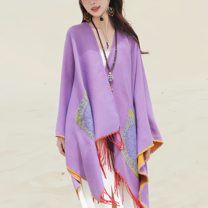 ポケット付きチベット幾何学模様マント Tibetan Geometric Mandala Shawl with Pockets