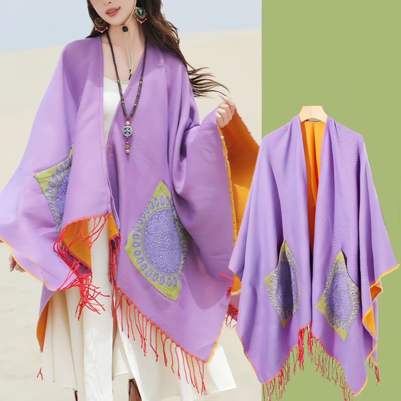 ポケット付きチベット幾何学模様マント Tibetan Geometric Mandala Shawl with Pockets
