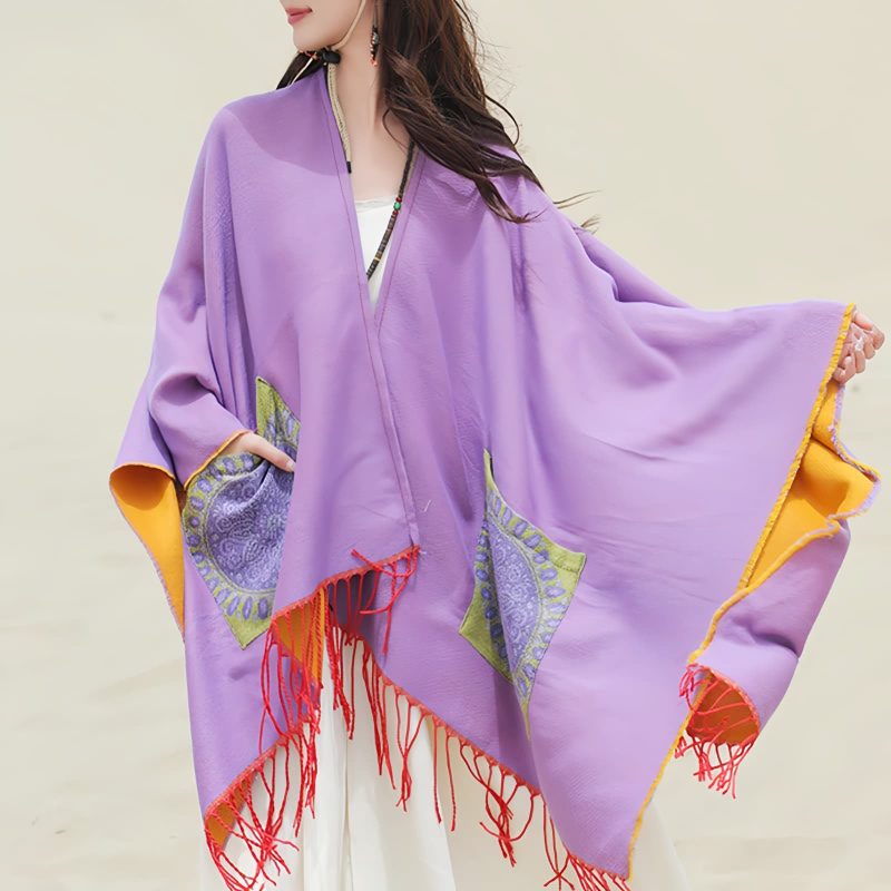 ポケット付きチベット幾何学模様マント Tibetan Geometric Mandala Shawl with Pockets