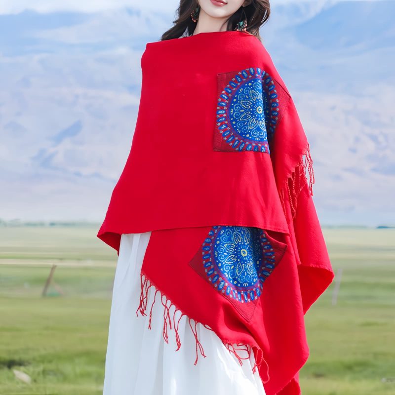 ポケット付きチベット幾何学模様マント Tibetan Geometric Mandala Shawl with Pockets