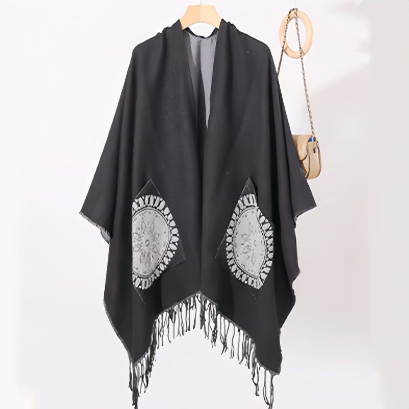 ポケット付きチベット幾何学模様マント Tibetan Geometric Mandala Shawl with Pockets