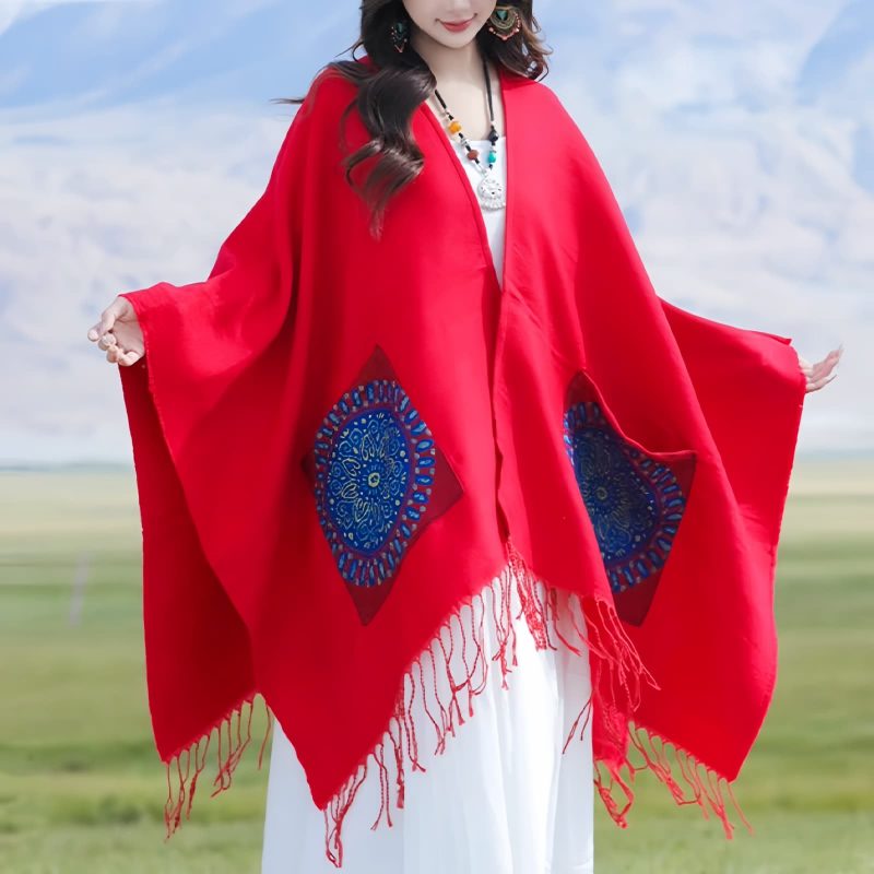 ポケット付きチベット幾何学模様マント Tibetan Geometric Mandala Shawl with Pockets