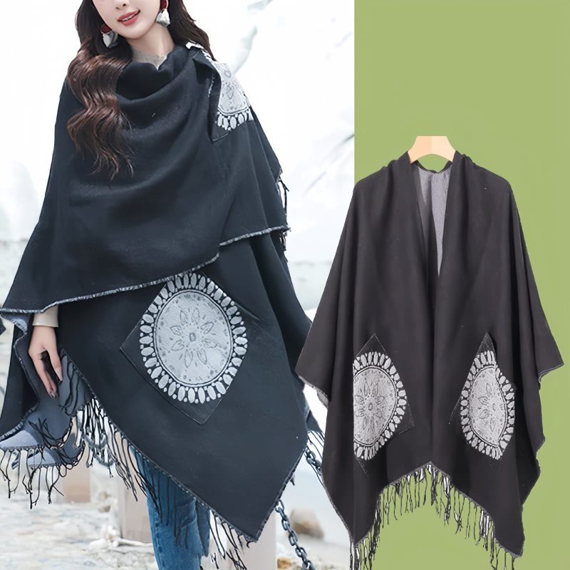 ポケット付きチベット幾何学模様マント Tibetan Geometric Mandala Shawl with Pockets