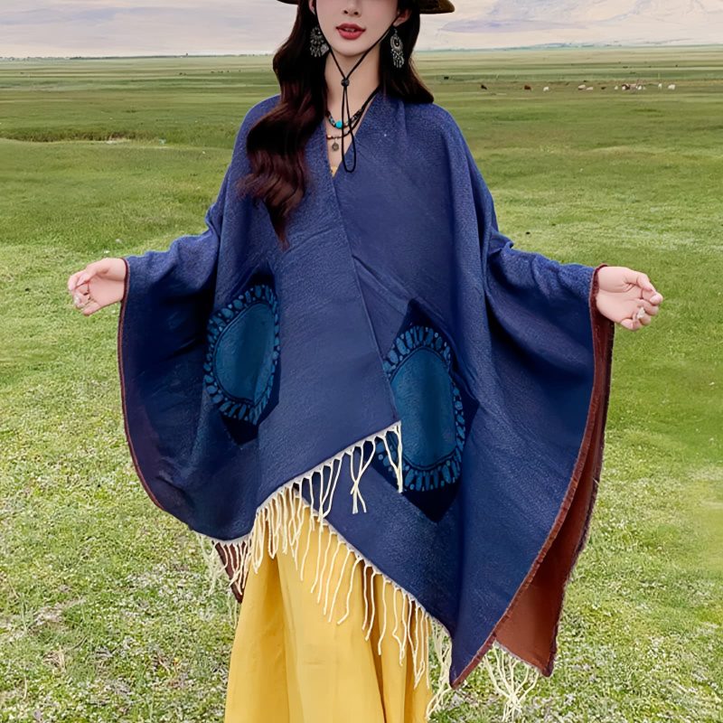 ポケット付きチベット幾何学模様マント Tibetan Geometric Mandala Shawl with Pockets