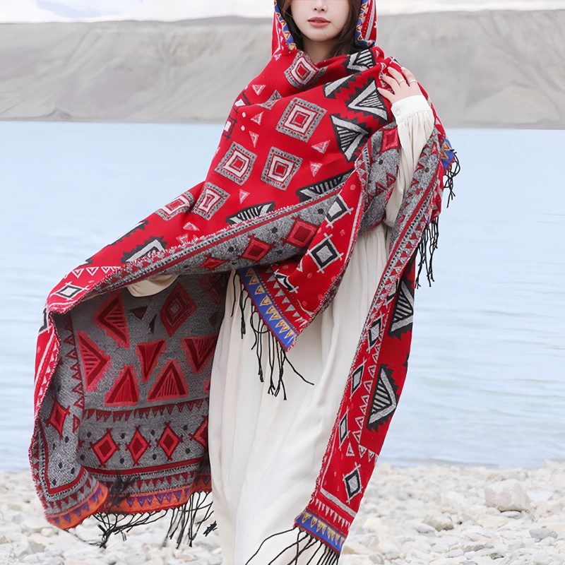 Chaleco con capucha de patrón triangular tibetano Tibetan Triangle Pattern Hooded Shawl