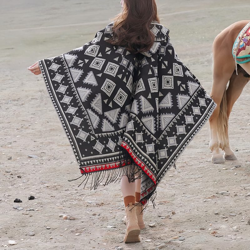 Chaleco con capucha de patrón triangular tibetano Tibetan Triangle Pattern Hooded Shawl