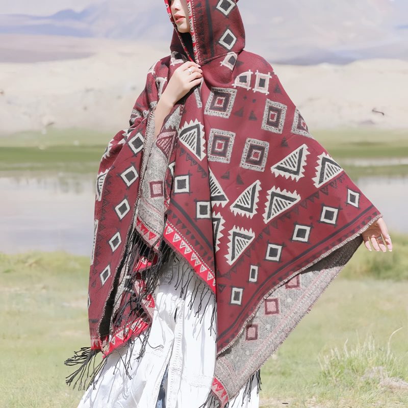 Chaleco con capucha de patrón triangular tibetano Tibetan Triangle Pattern Hooded Shawl
