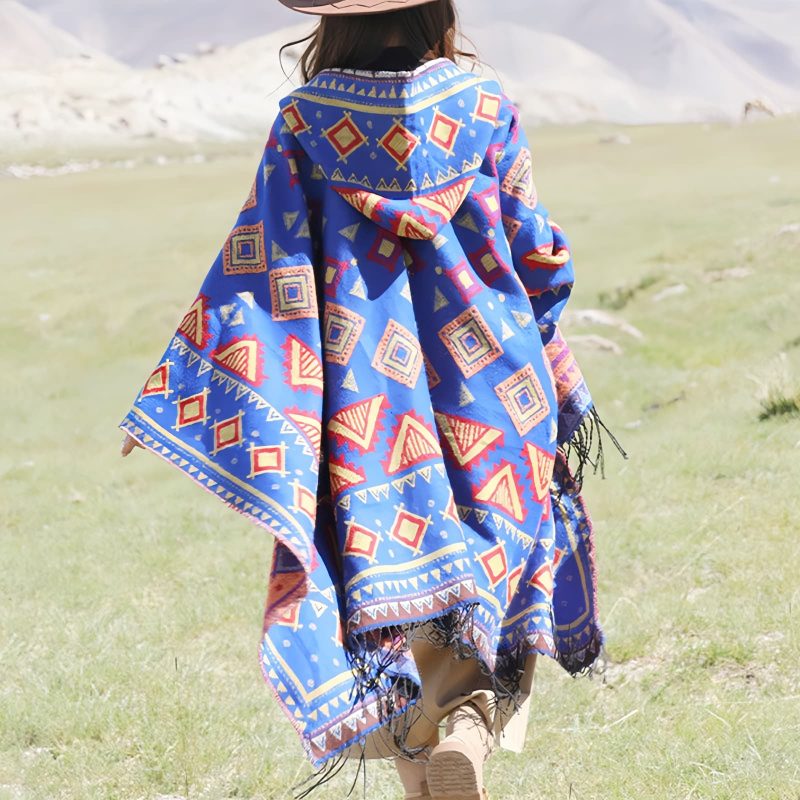Chaleco con capucha de patrón triangular tibetano Tibetan Triangle Pattern Hooded Shawl