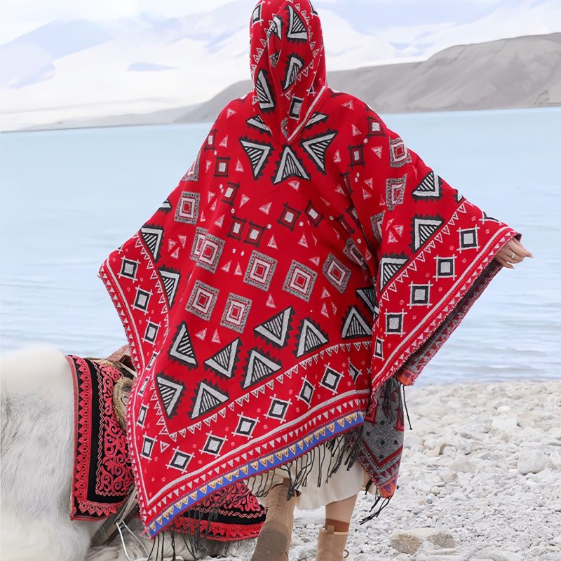 Chaleco con capucha de patrón triangular tibetano Tibetan Triangle Pattern Hooded Shawl