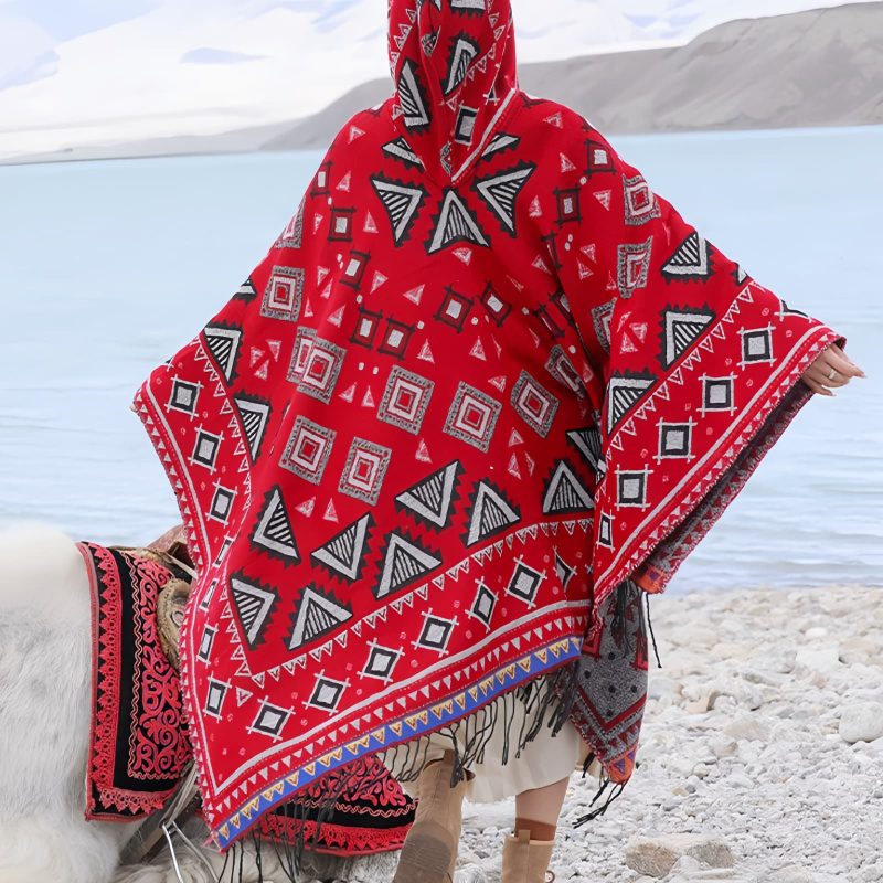 Chaleco con capucha de patrón triangular tibetano Tibetan Triangle Pattern Hooded Shawl