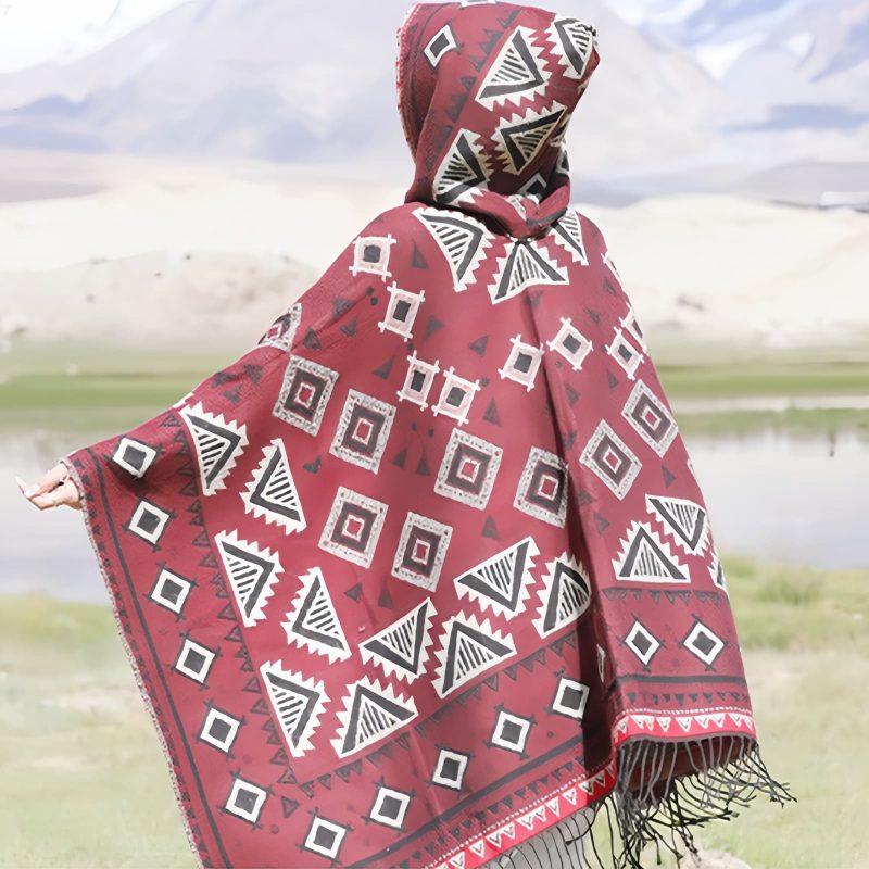 Chaleco con capucha de patrón triangular tibetano Tibetan Triangle Pattern Hooded Shawl