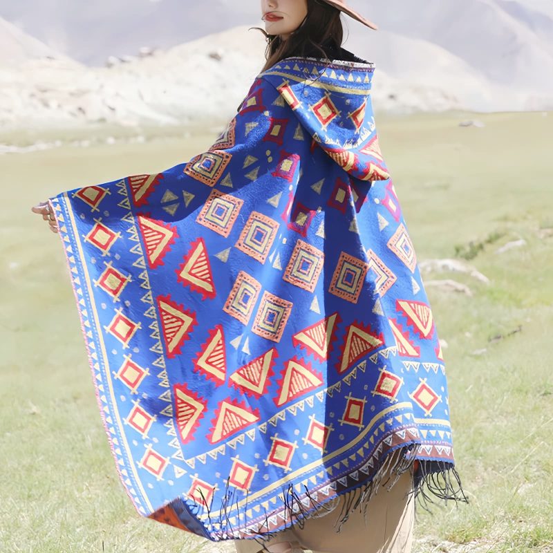 Chaleco con capucha de patrón triangular tibetano Tibetan Triangle Pattern Hooded Shawl