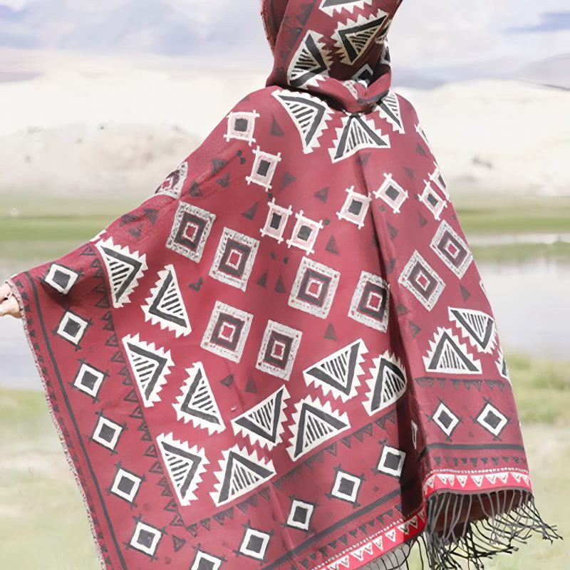 Chaleco con capucha de patrón triangular tibetano Tibetan Triangle Pattern Hooded Shawl