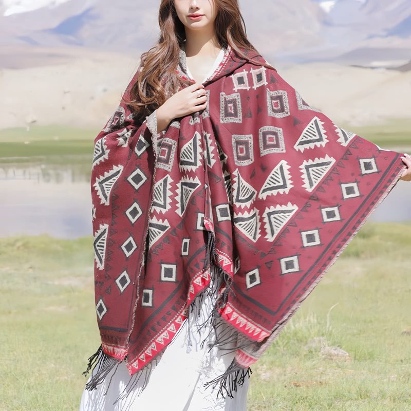 Chaleco con capucha de patrón triangular tibetano Tibetan Triangle Pattern Hooded Shawl