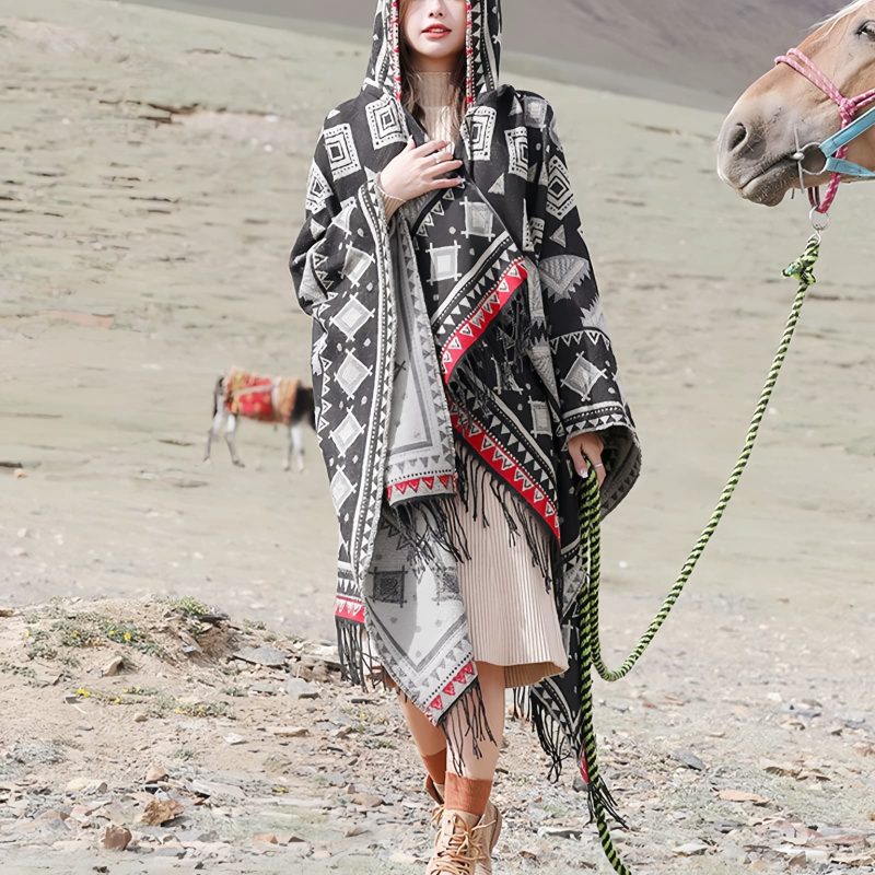 Chaleco con capucha de patrón triangular tibetano Tibetan Triangle Pattern Hooded Shawl
