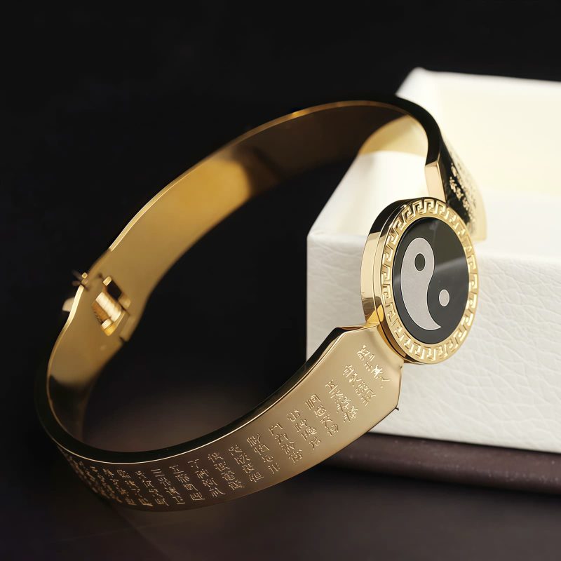 Pulsera Tibetana de Acero de Titanio con Símbolos Yin Yang y Loto Tibetan Titanium Steel Yin Yang Lotus Bracelet