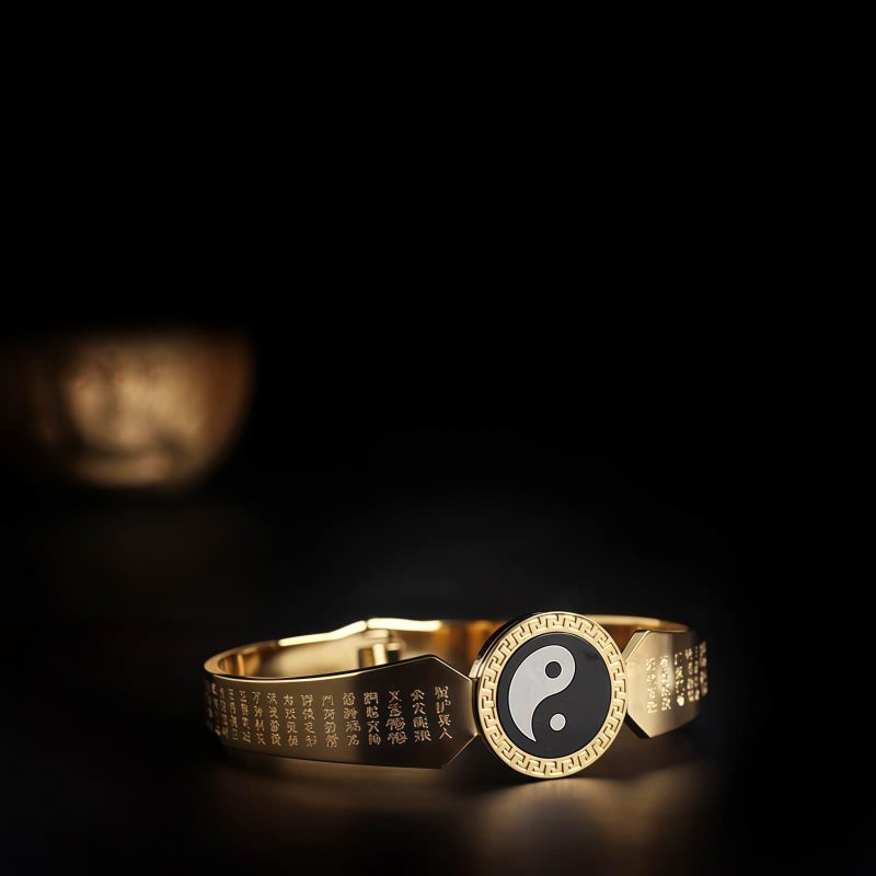 Pulsera Tibetana de Acero de Titanio con Símbolos Yin Yang y Loto Tibetan Titanium Steel Yin Yang Lotus Bracelet